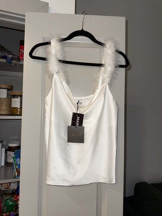 Le Lis Tops - Le Lis White Satin Cowl Neck Camisole with Feather Straps Size M